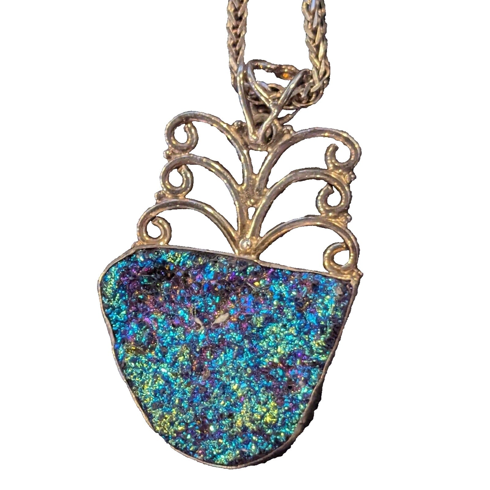 Peacock Druzy Pendant Sterling Silver 925 Rainbow Oil Slick Color
