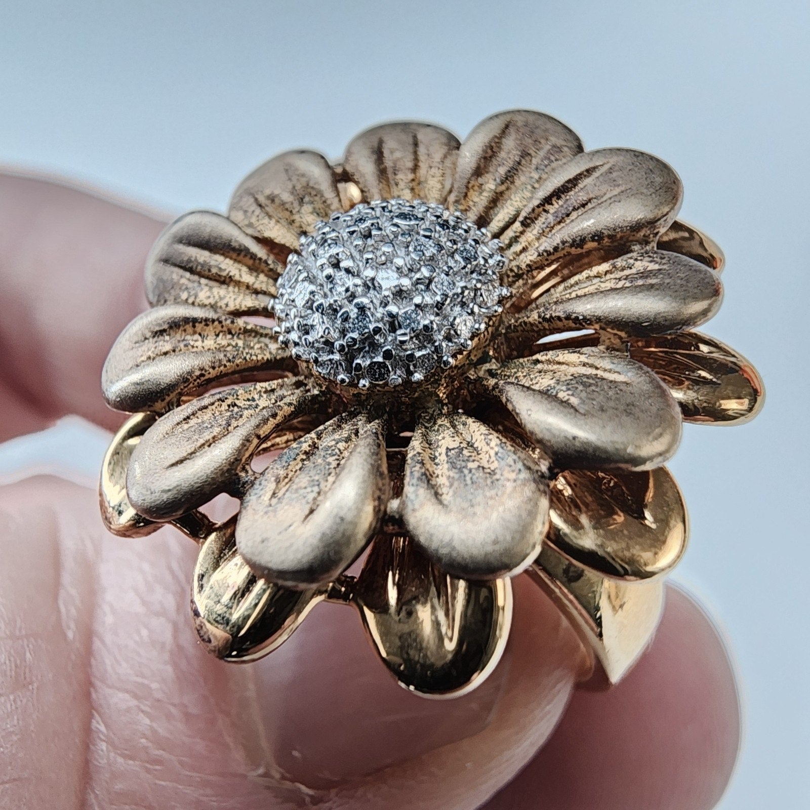 Sunflower Diamond Accent Gold Finish Ring Size 8 Sterling Silver 925 Vintage