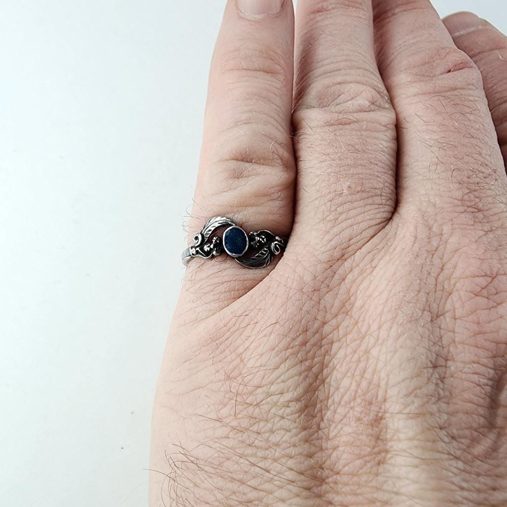 Blue Sparkle Enamel Leaf Ring Size 8 Sterling Silver 925 Vintage