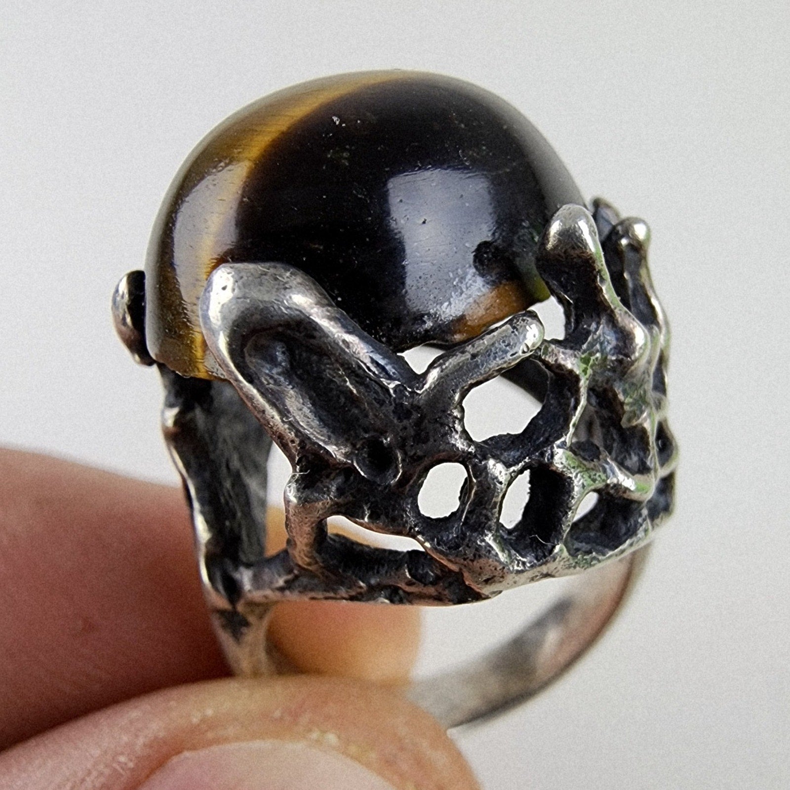 Brutalist Tigers Eye Cabochon Taxco Ring Size 8 by Mateo Sterling Silver 950 925