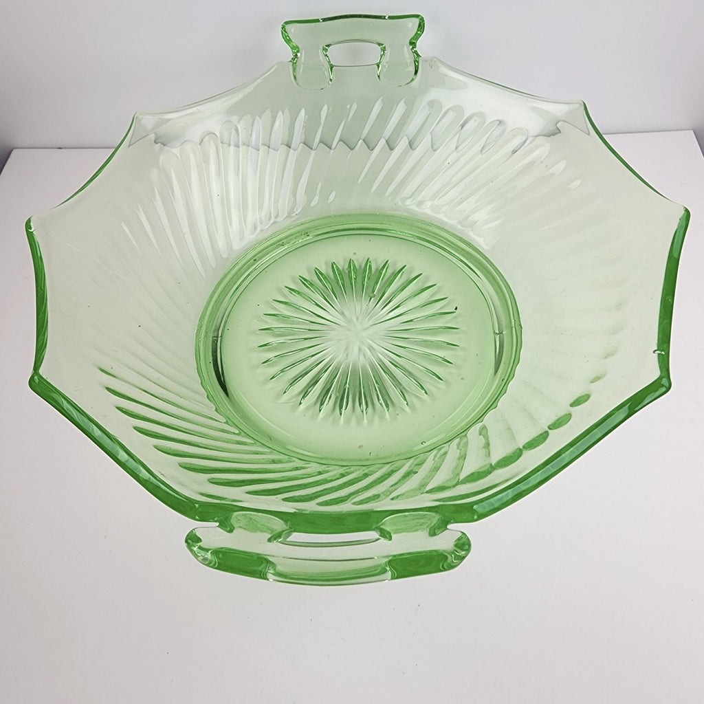 10" UV Uranium Glass Imperial Twisted Optic Handled Serving Bowl Vintage