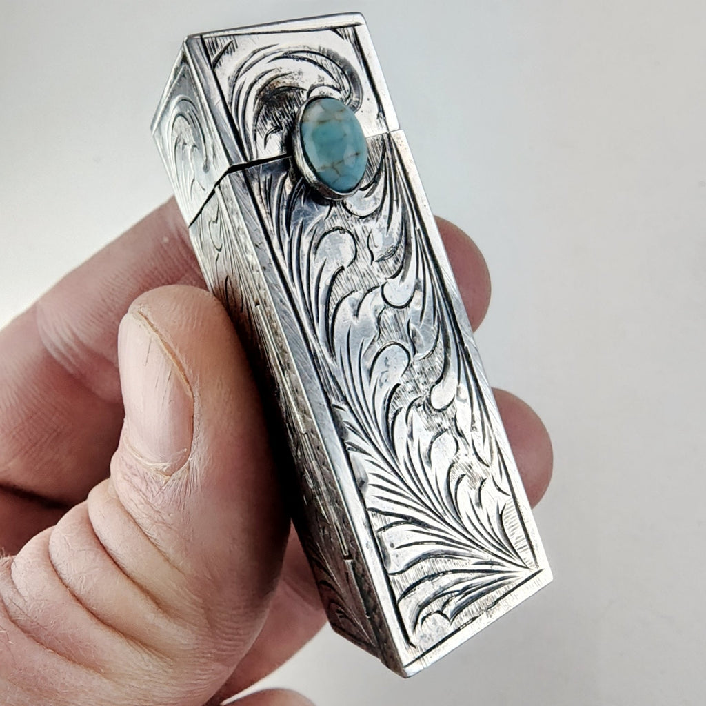 Etched Turquoise Accentt 800 Silver Lipstick Container with Mirror Italy Antique