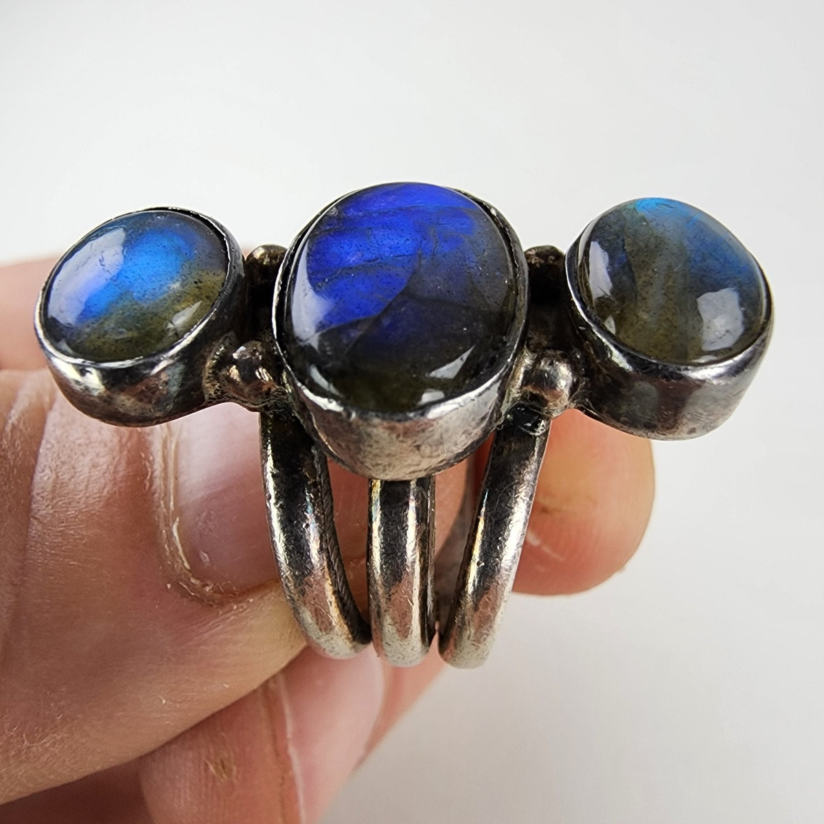 Three Stone Labradorite Ring Size 6 Sterling Silver 925 Vintage