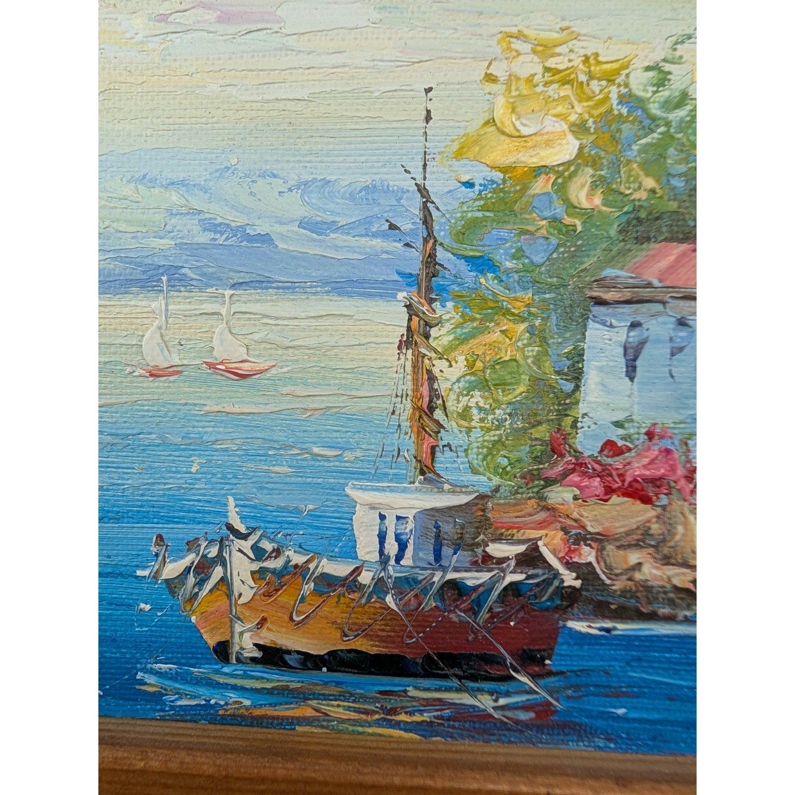 Impressionist Acrylic on Canvas Mediteranean Scene Boat in Harbor Painting