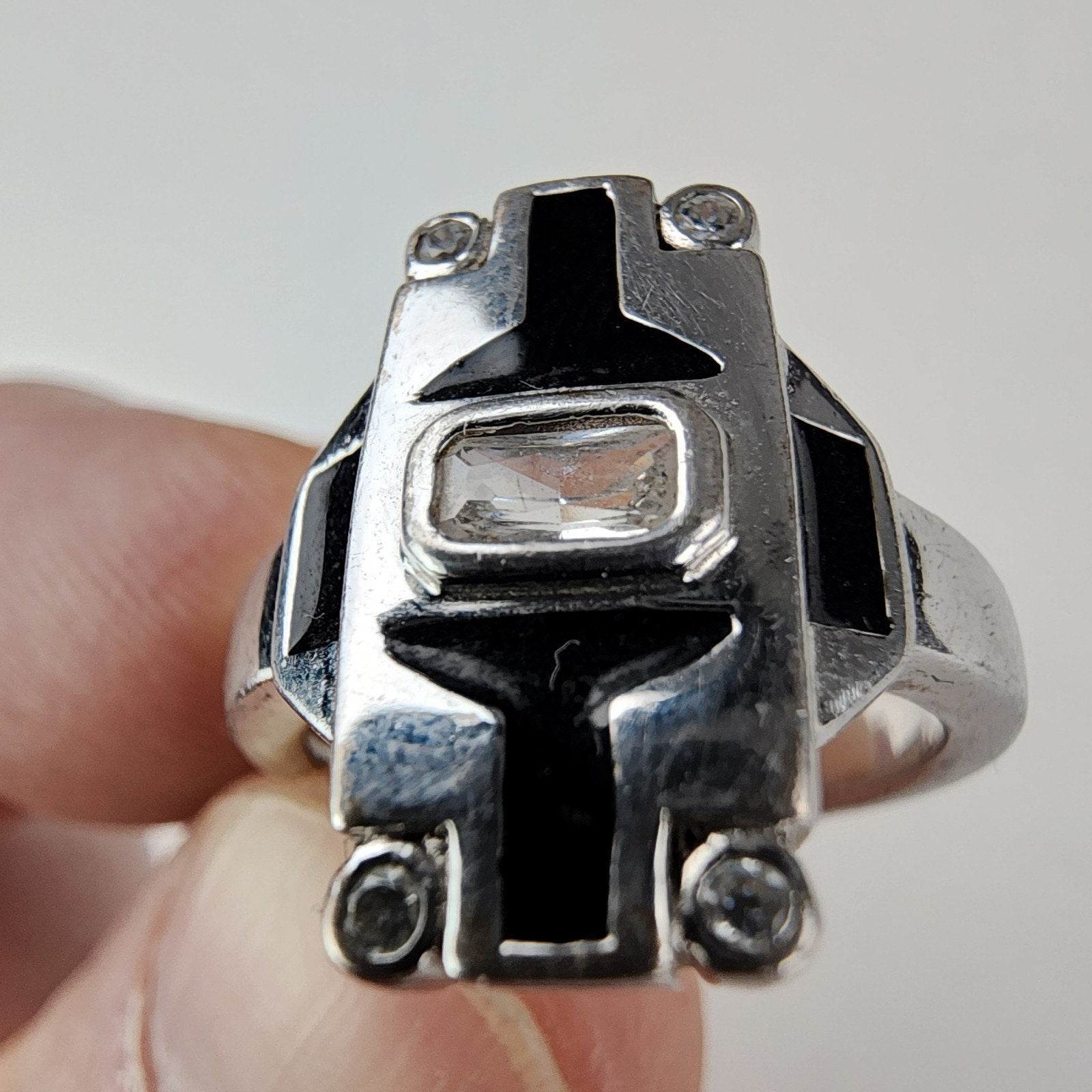 Art Deco Revival Sterling Silver 925 Cocktail Ring Size 7