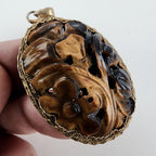 Vintage Chinese Carved Tigers Eye Pendant with Gold Finish & Filigree Back