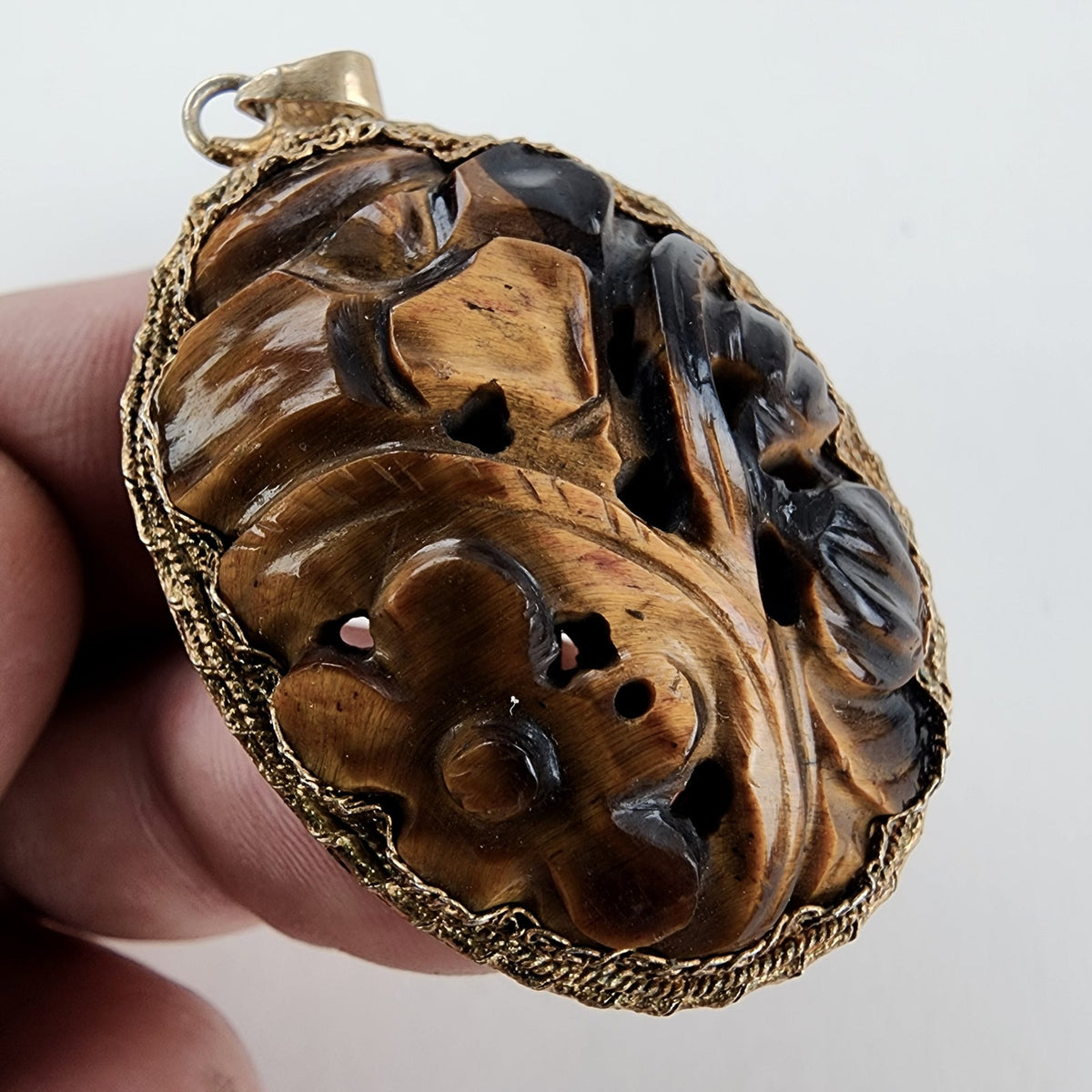 Vintage Chinese Carved Tigers Eye Pendant with Gold Finish & Filigree Back