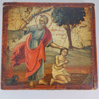 18c Sacrifice of Abraham Greek Icon Antique Hand Painted Isaac & Ram Unrestored