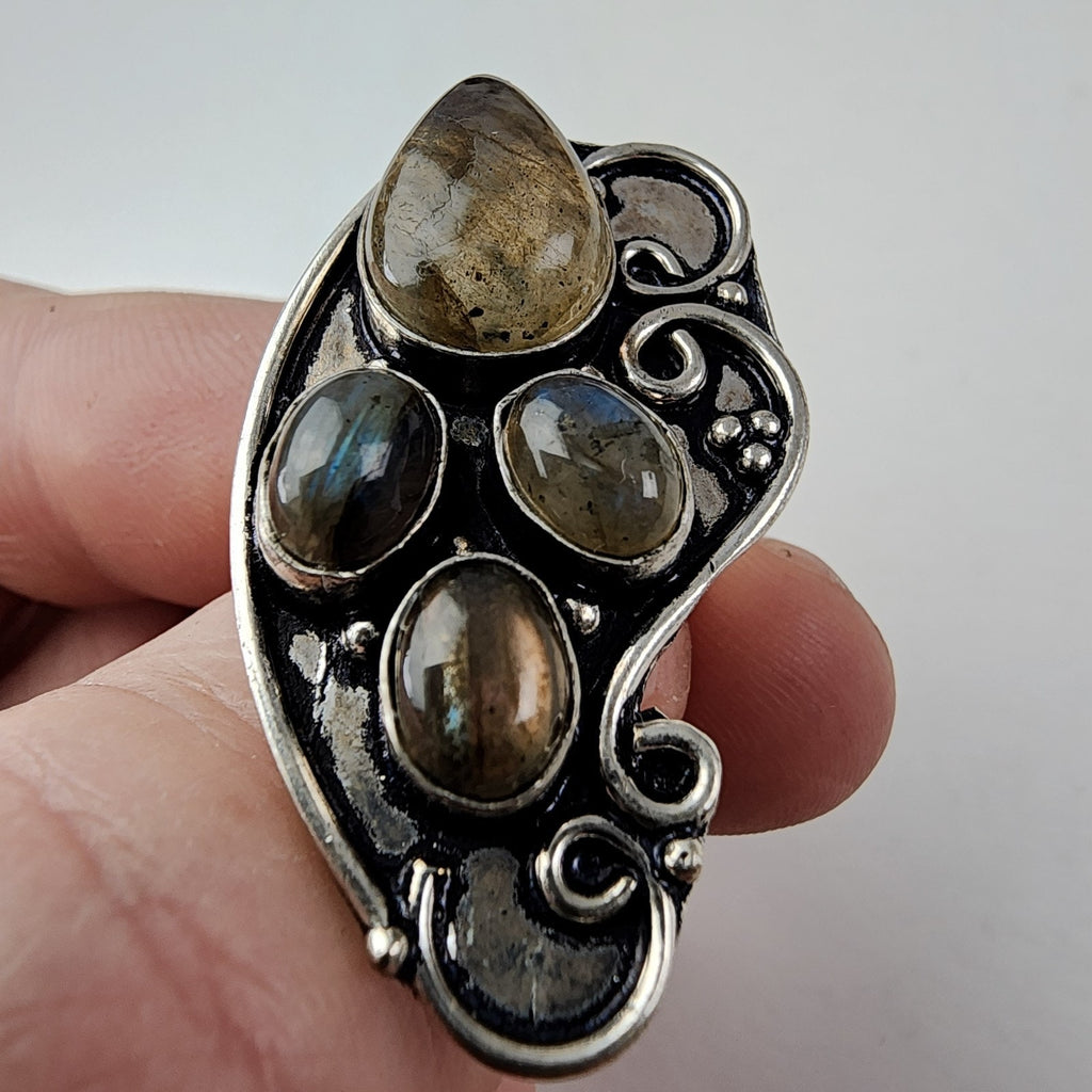 Rainbow Moonstone Shield Ring Size 7 Sterling Silver 925 Vintage