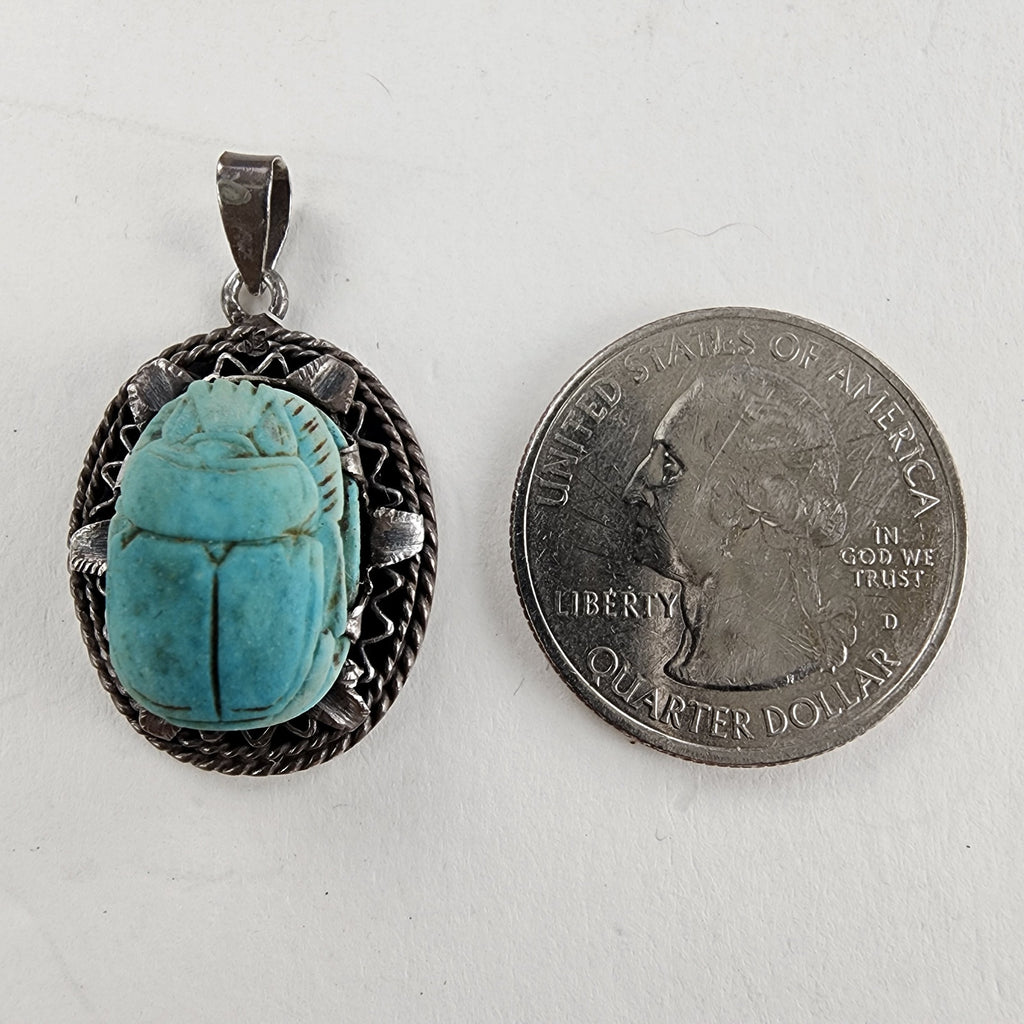 Steatite Egyptian Scarab Beetle Sterling Silver 925 Faience Pendant