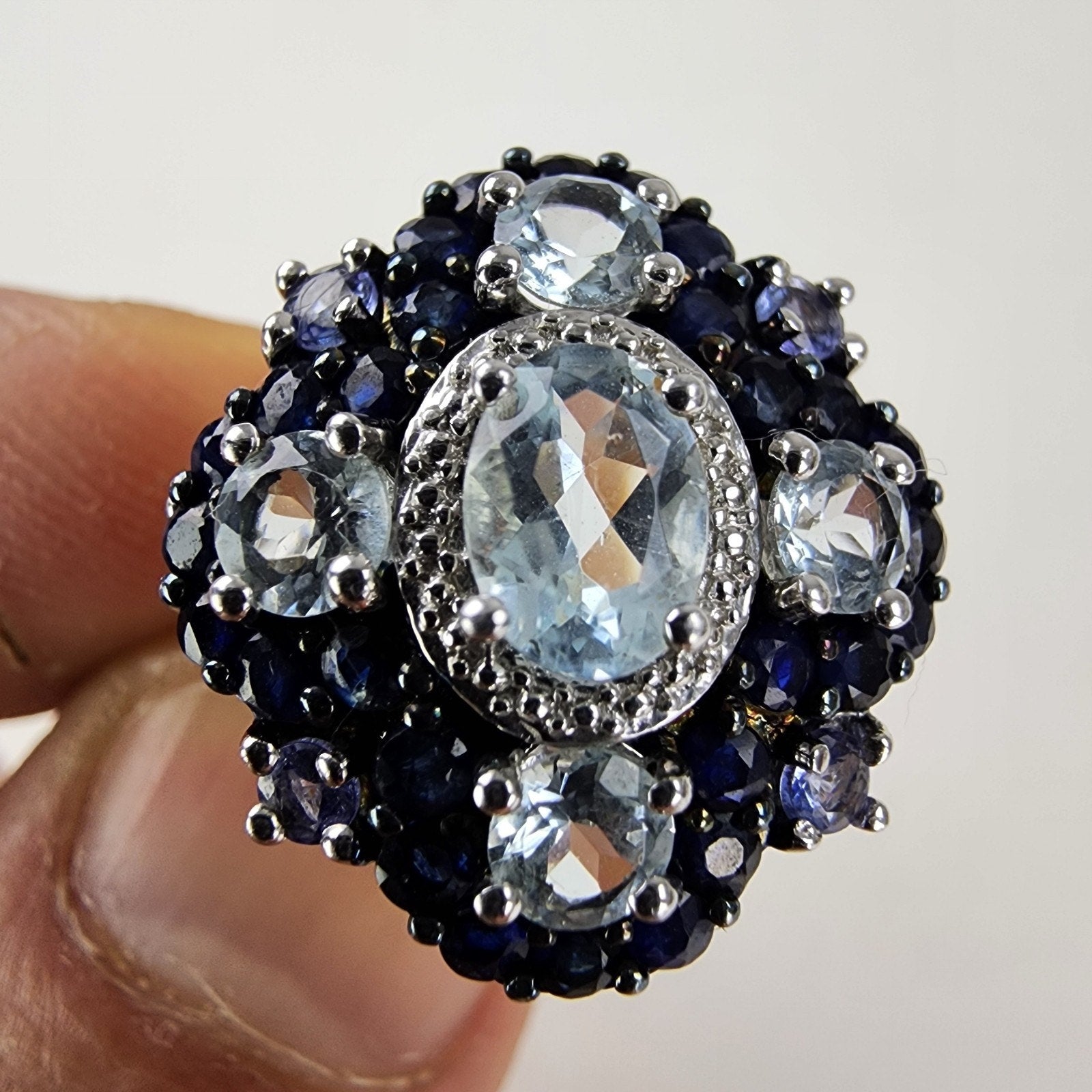 Blue & White Sapphire Cluster Halo Ring Size 5 Sterling Silver 925 Vintage