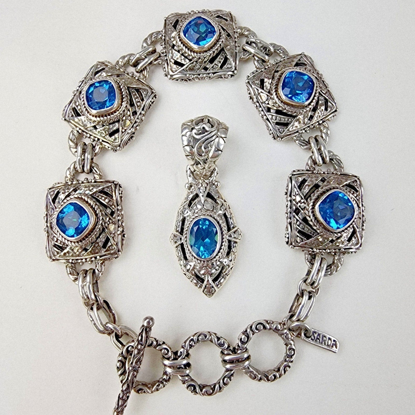 Designer Topaz Pendant and Bracelet Set by Sarda Sterling Silver 925 Vintage