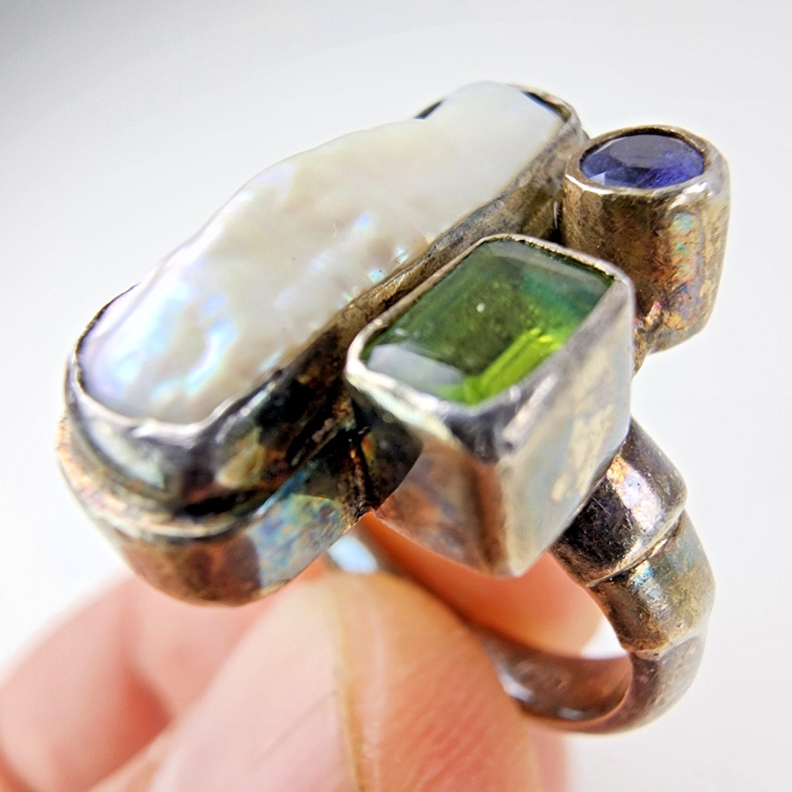 Baroque Freshwater Pearl Peridot & Amethyst Ring Size 6 1/2 Sterling Silver 925