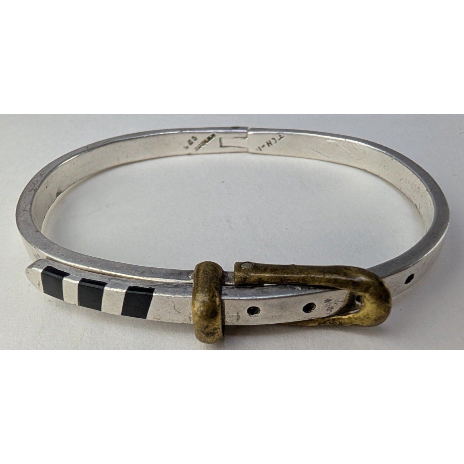 Taxco Black Onyx Belt Buckle Style Sterling Silver 925 Hinged Bracelet Brass