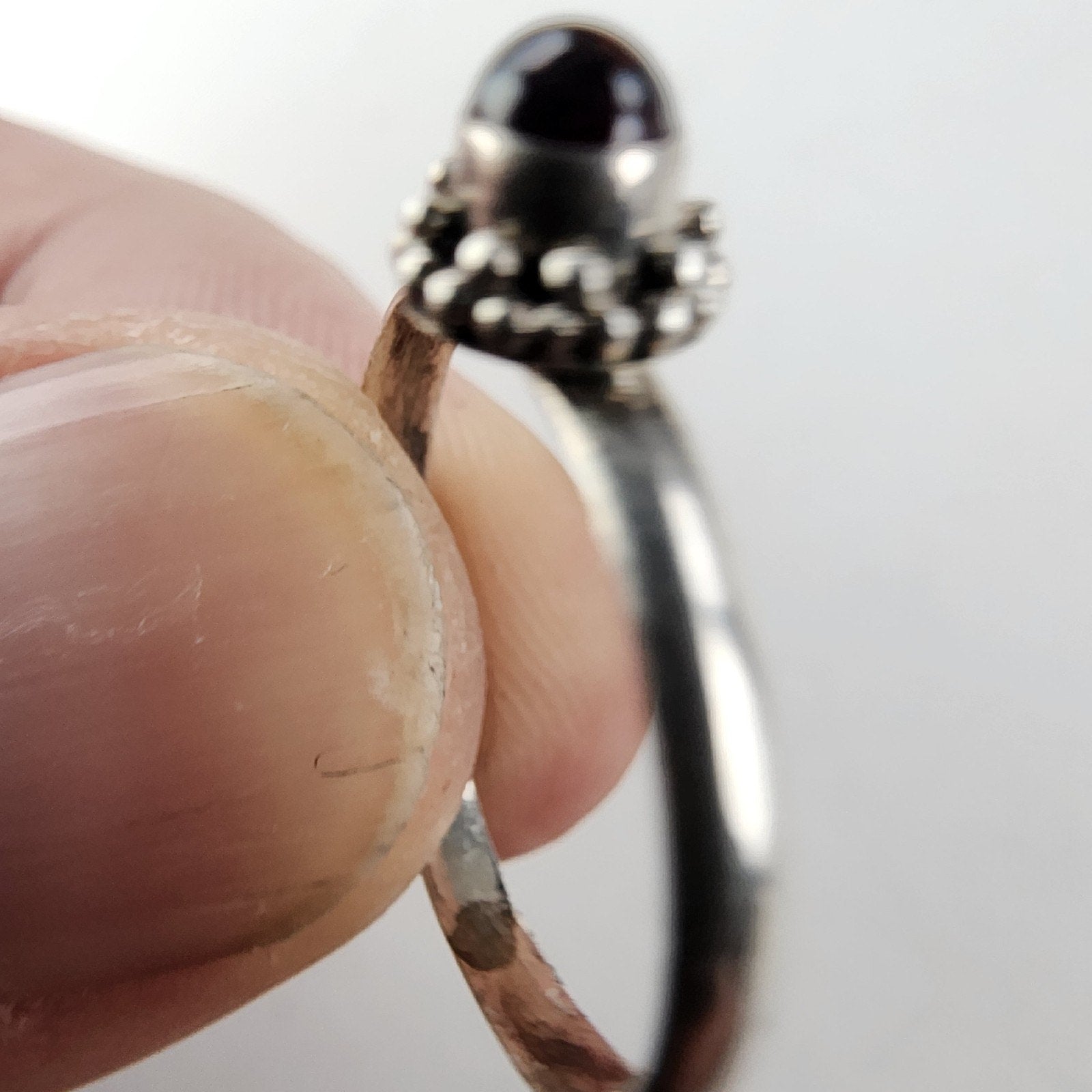 Beaded Garnet Cabochon Ring Size 7 1/2 Sterling Silver 925 Vintage