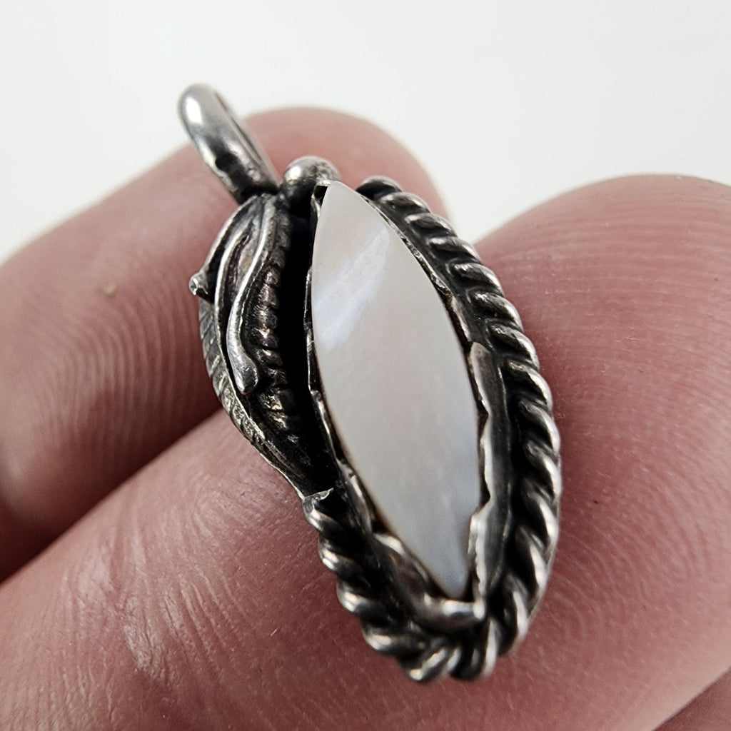 Native Mother of Pearl Leaf Pendant Charm Sterling Silver 925 Old Pawn