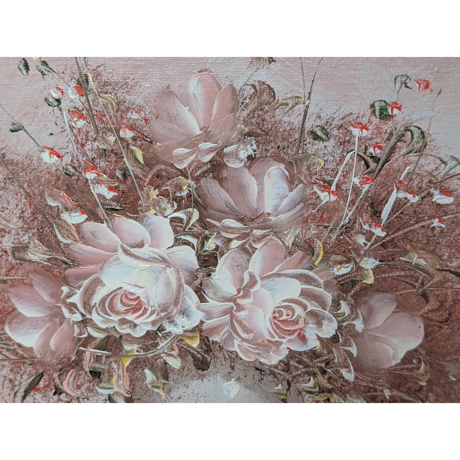 Pink Flowers Still Life Oil Painting Signed Emily Mid Century MCM