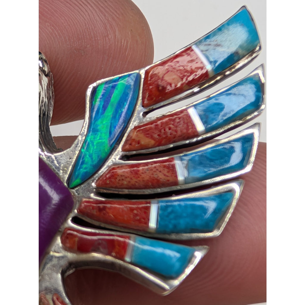 Bird Pendant Sterling Silver 925 Multistone Opal Turquoise Inlay Southwestern