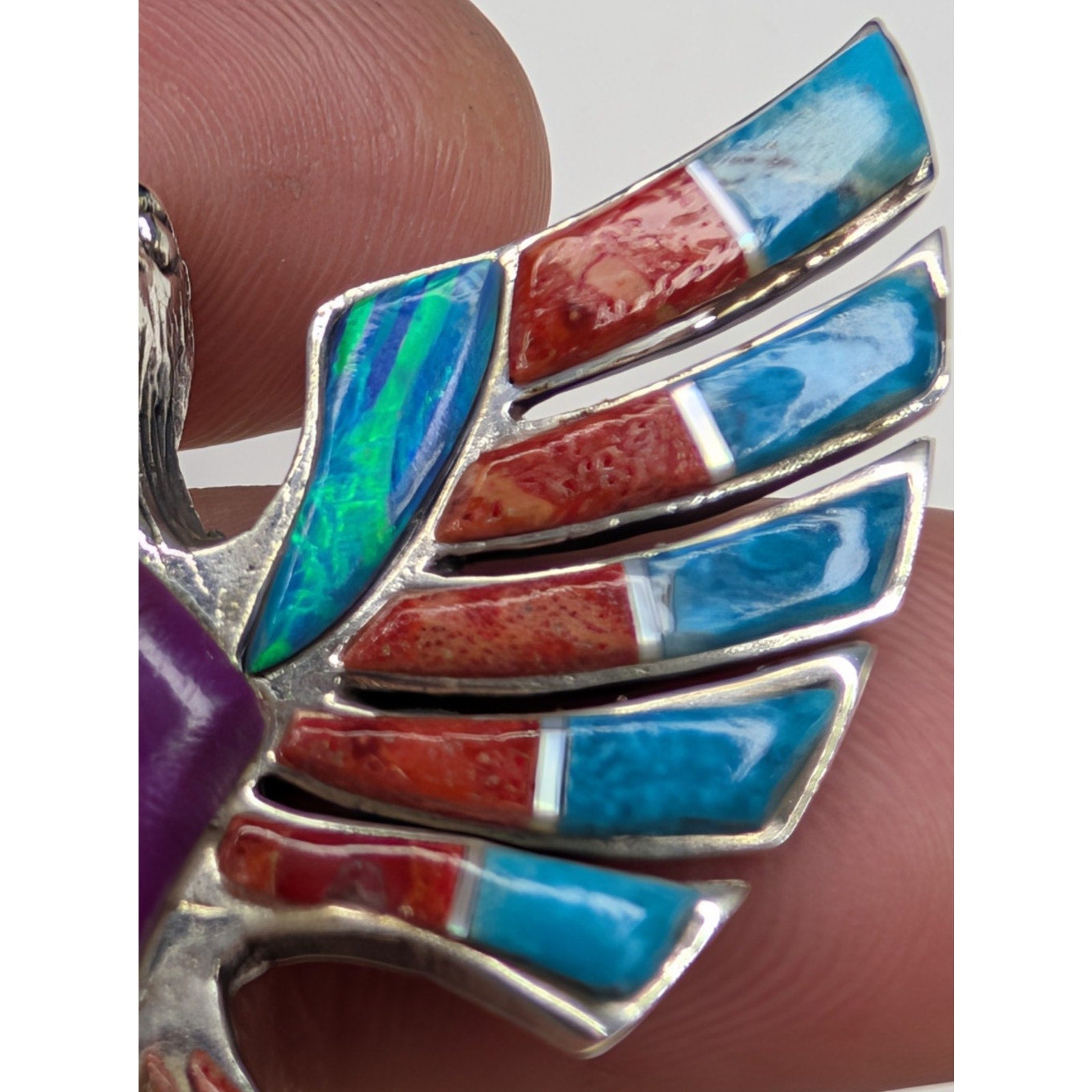 Bird Pendant Sterling Silver 925 Multistone Opal Turquoise Inlay Southwestern