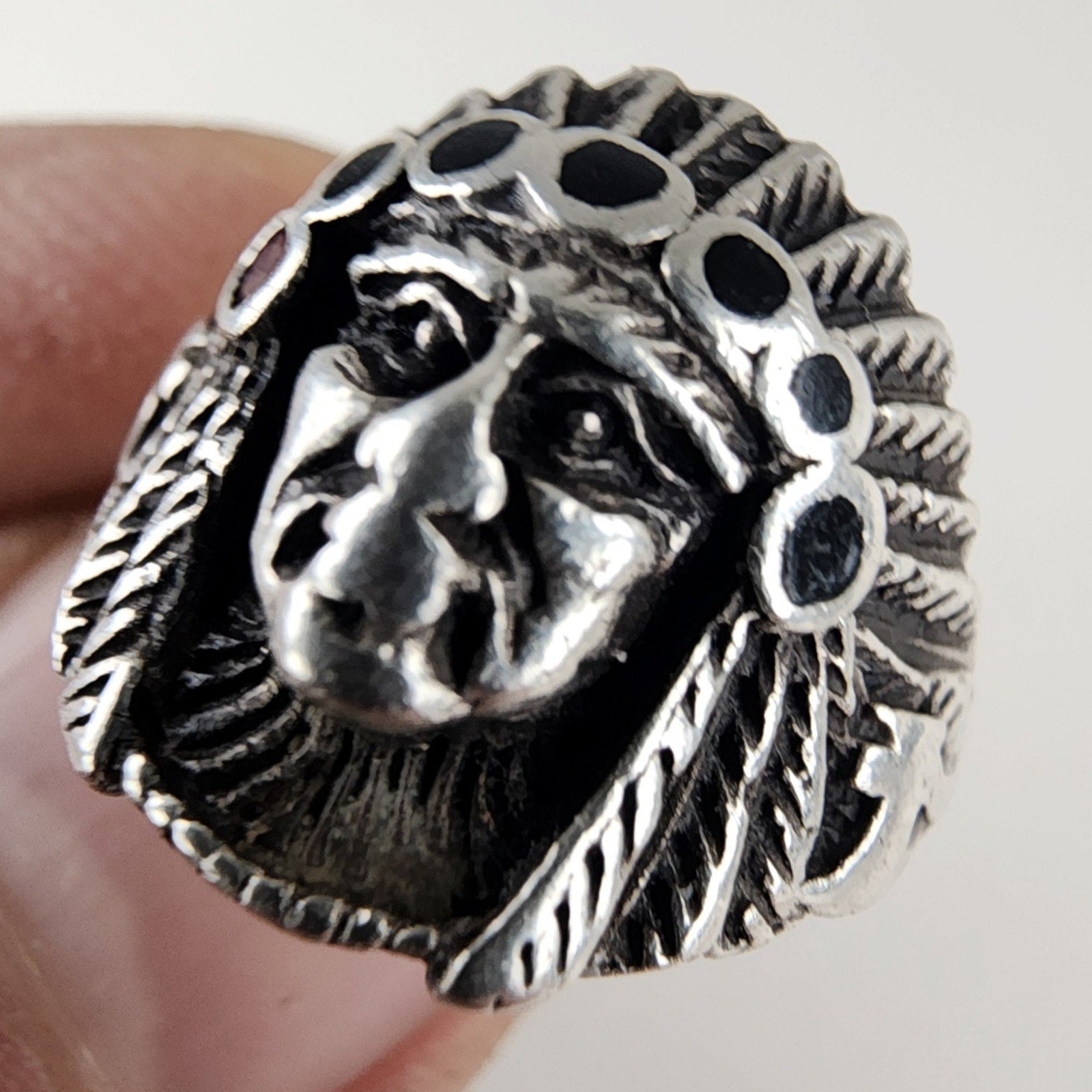 Native American Indian in Headdress Ring Size 8 1/4 Sterling Silver 925 Vintage