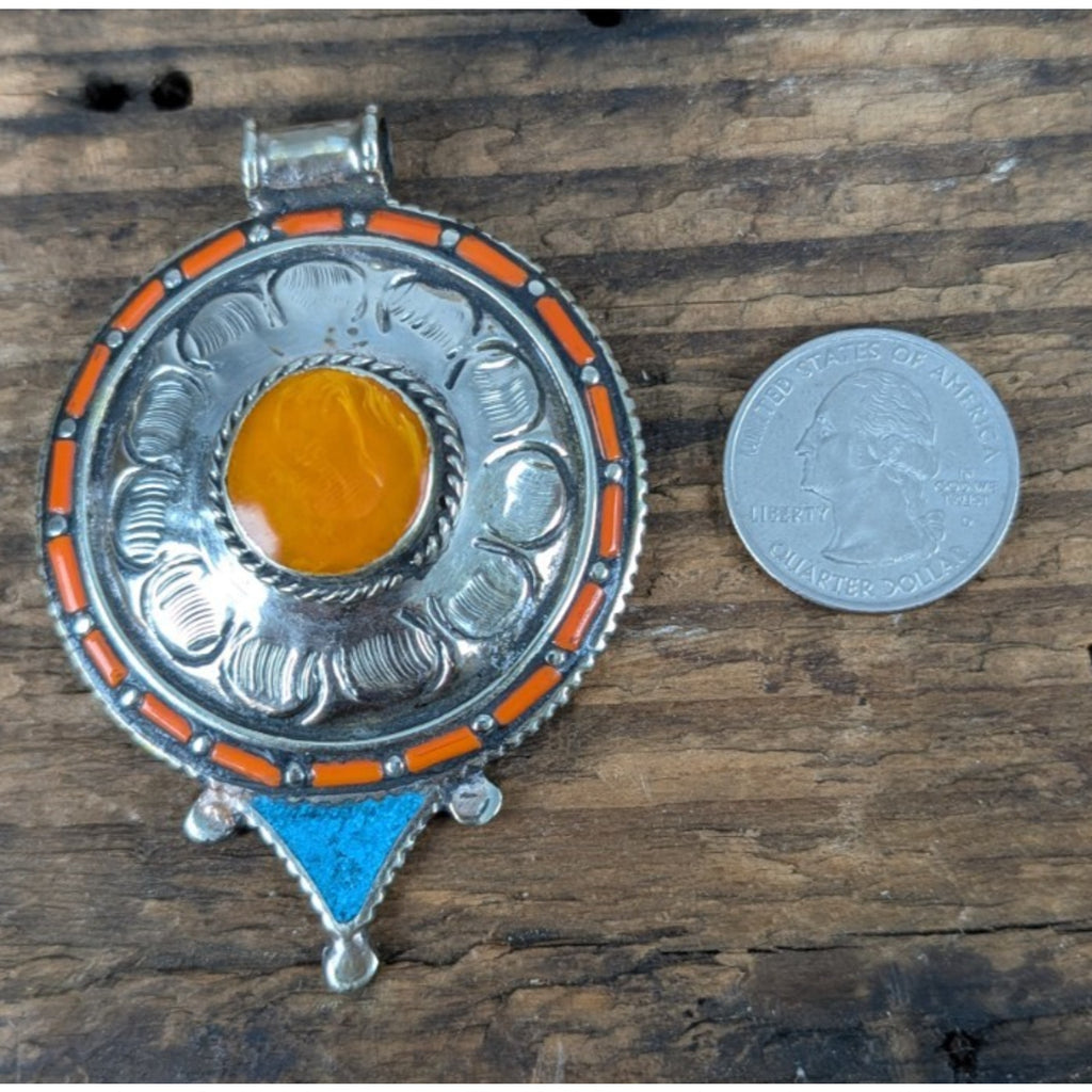 Tibetan Silver Copal Turquoise and Coral Pendant