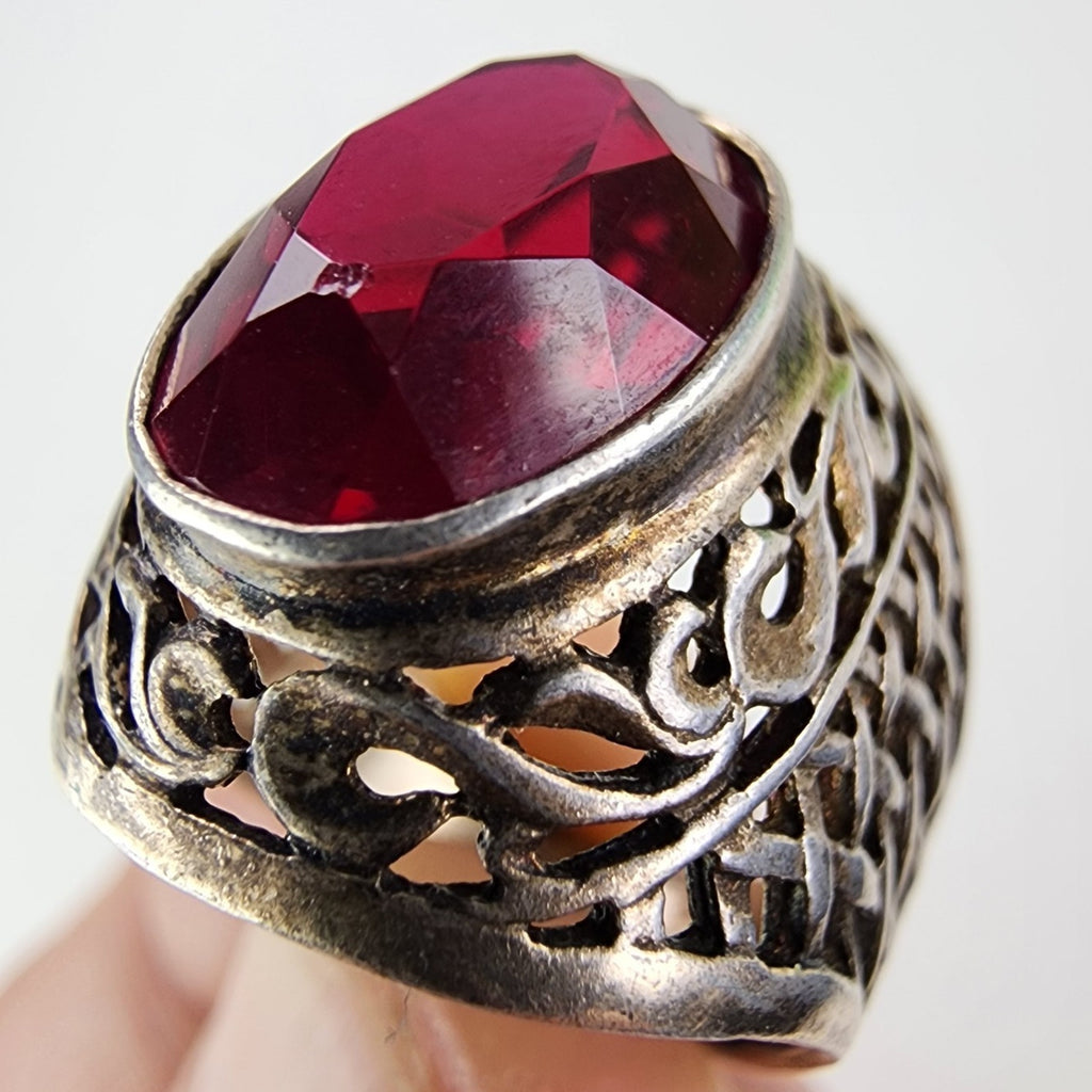 5ct Ruby Russian Mens Ring Size 7 1/2 Sterling Silver 875 Vintage Basketweave