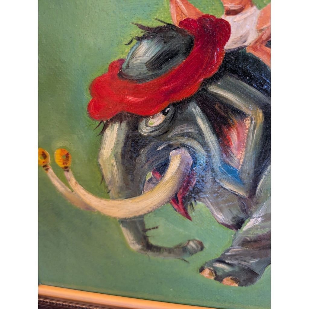 1952 Acrylic Painting Riders on Elephant Hardship Post Midcentury 16" x 22"