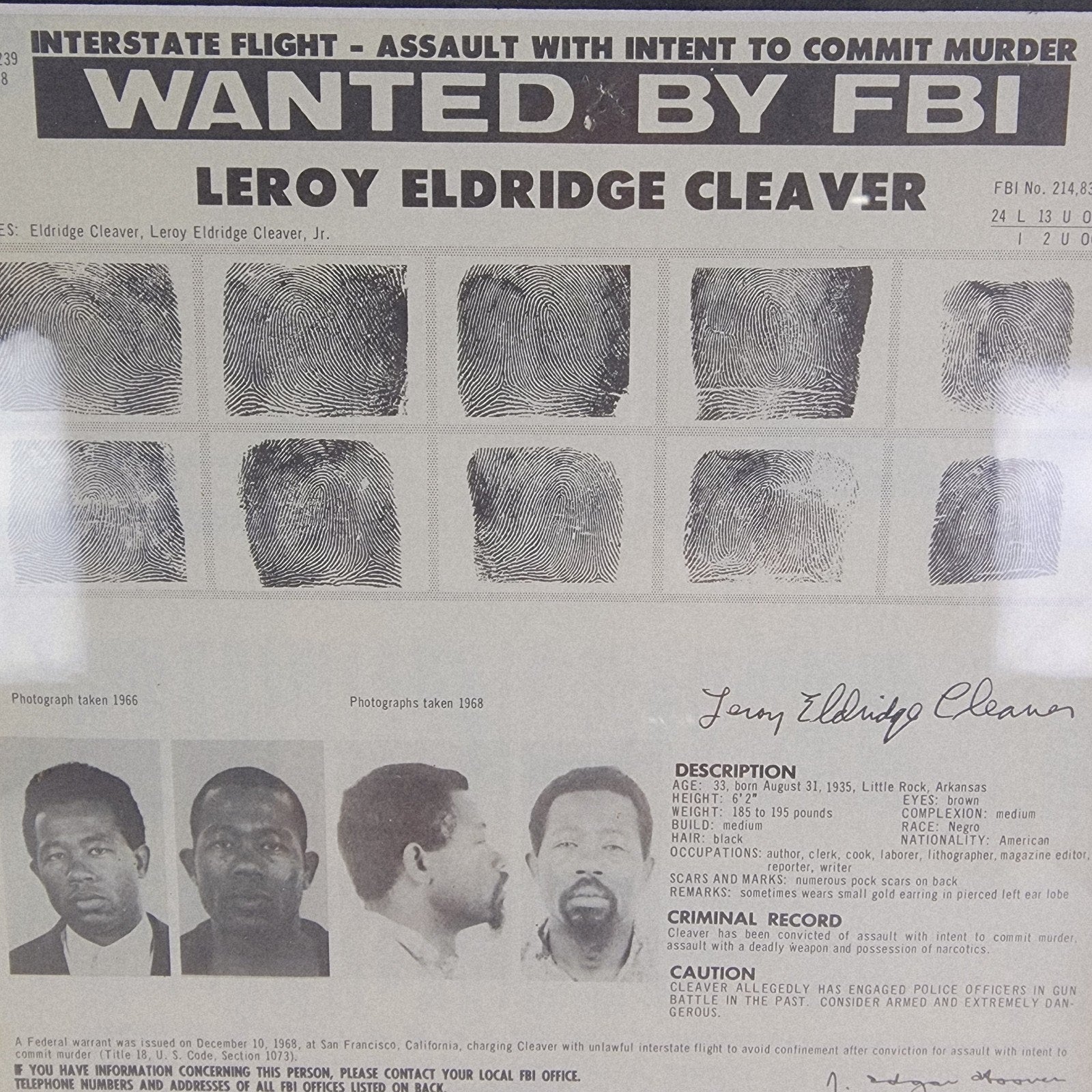 1968 FBI Wanted Poster Leroy Eldridge Cleaver Framed JE Hoover Black Panther