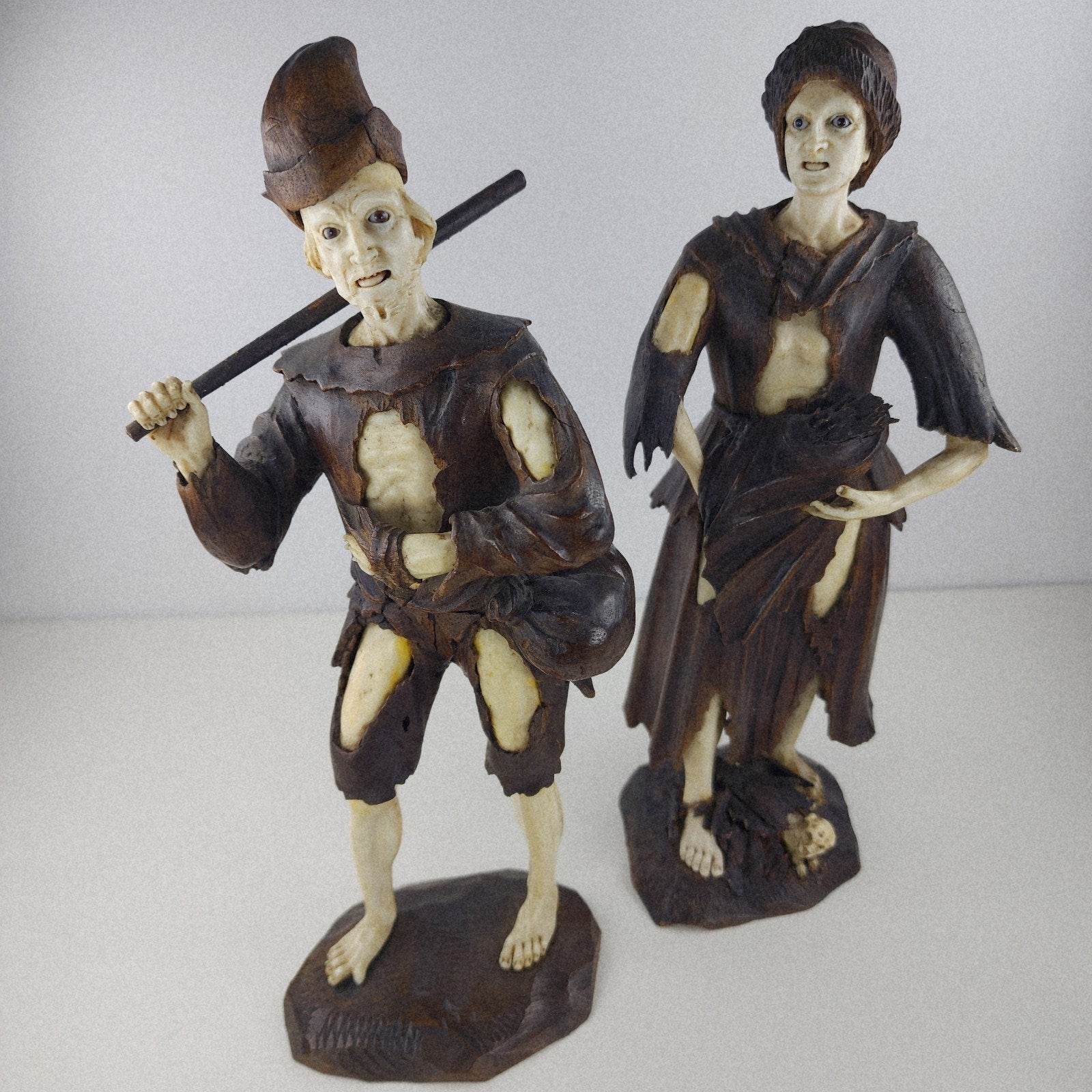 18th C Carved Wood Beggar Couple by Simon Troger or Follower Museum Quality