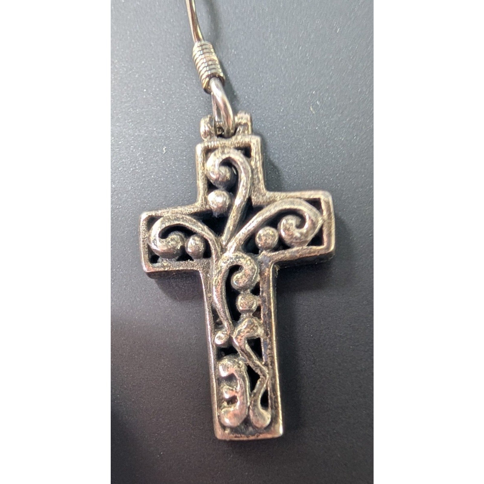 Scrollwork Cross Sterling Silver 925 Fish Hook Dangle Earrings Vintage