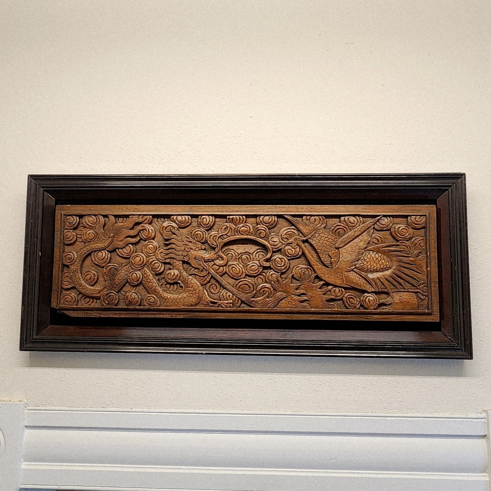 Qing Chinese Ruyi Dragon and Phoenix Prosperity Wood Carved Panel Framed Antique