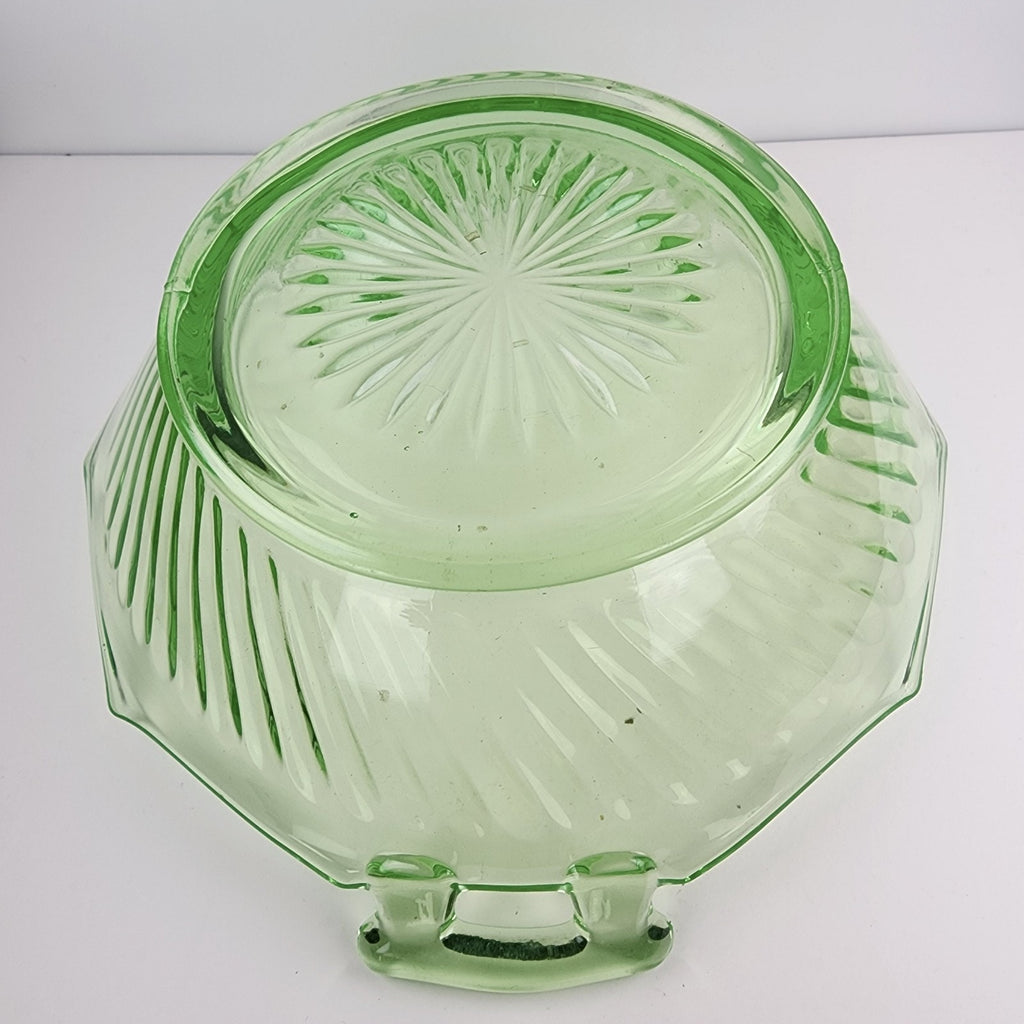 10" UV Uranium Glass Imperial Twisted Optic Handled Serving Bowl Vintage