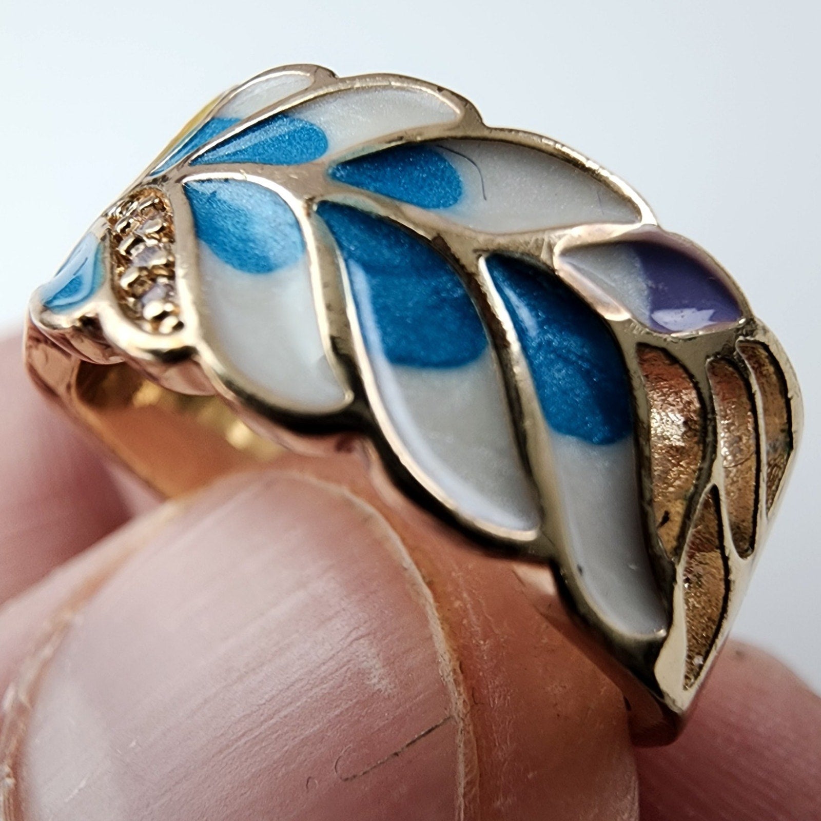 Floral Enamel Band Ring Size 8 Gold Over Sterling Silver 925 Vintage