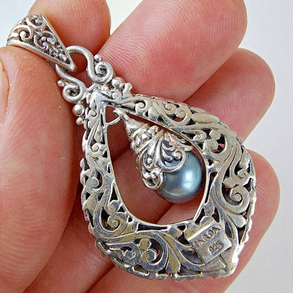 Sarda Black Pearl Dangle Designer Pendant Sterling Silver 925 Vintage Bali