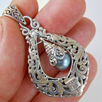 Sarda Black Pearl Dangle Designer Pendant Sterling Silver 925 Vintage Bali