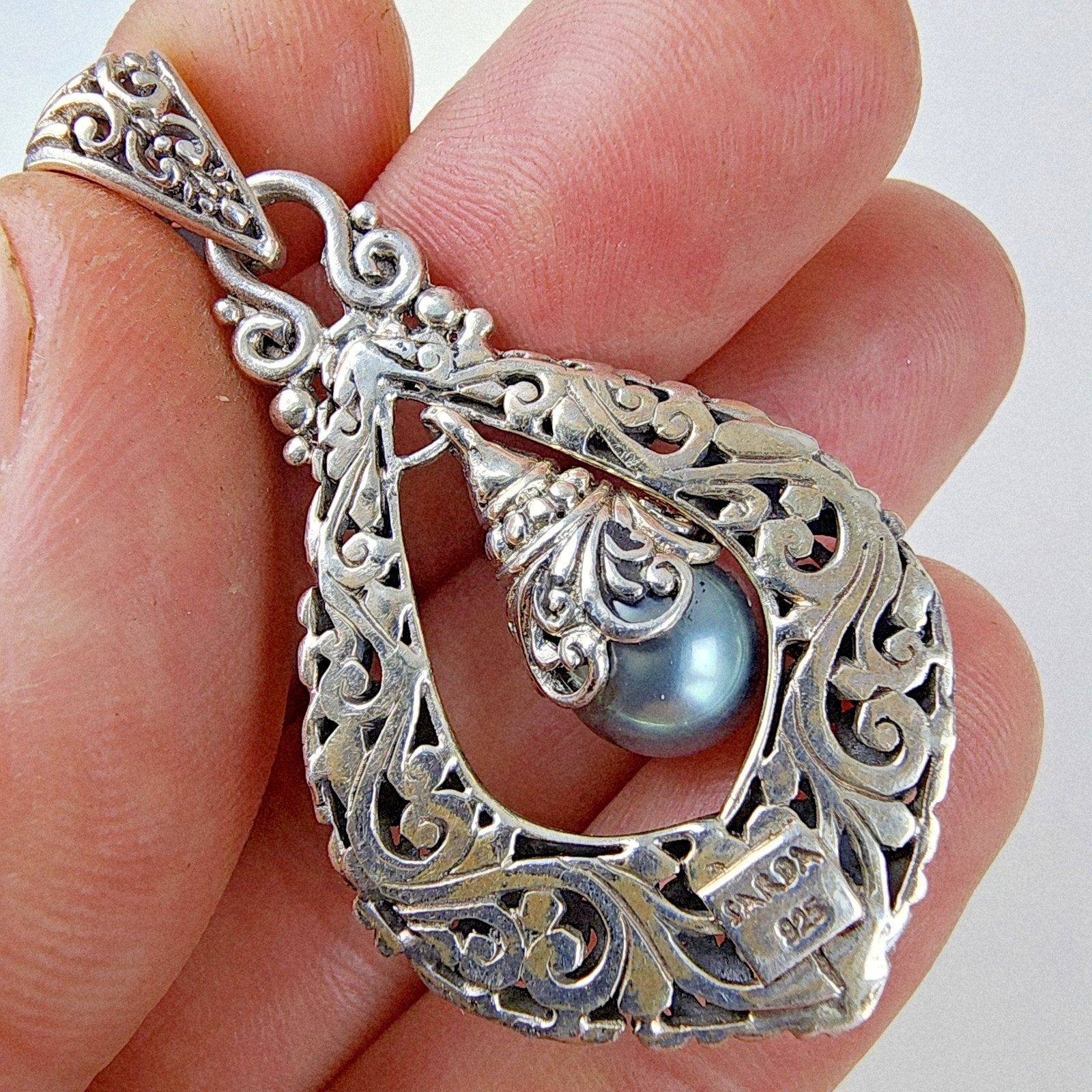 Sarda Black Pearl Dangle Designer Pendant Sterling Silver 925 Vintage Bali