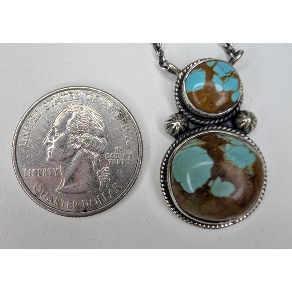 Southwestern Sterling Silver 925 Turquoise Double Stone Pendant Necklace