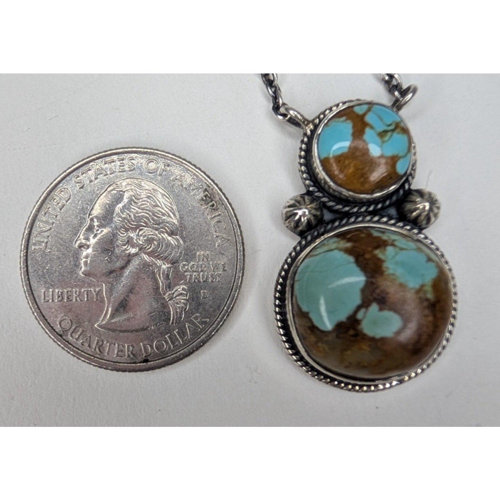 Southwestern Sterling Silver 925 Turquoise Double Stone Pendant Necklace