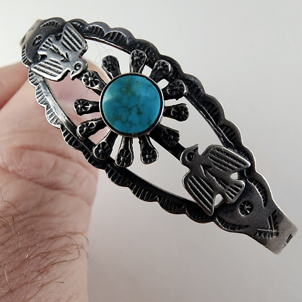 Fred Harvey Era Turquoise Stamped Thunderbird Bracelet in Sterling Silver 925