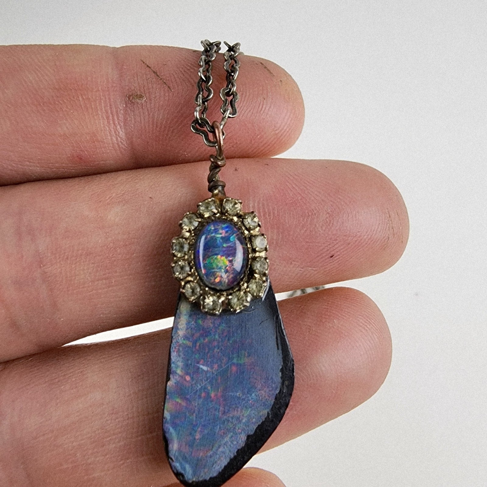 Bohemian Black Opal Necklace with Silver Tone Chain