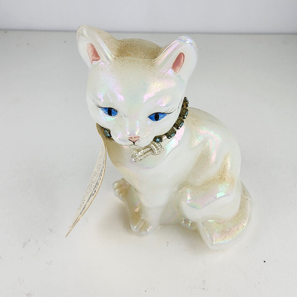 Hand Painted Fenton Glass Cat Signed Floral Decorated Iridescent Signed