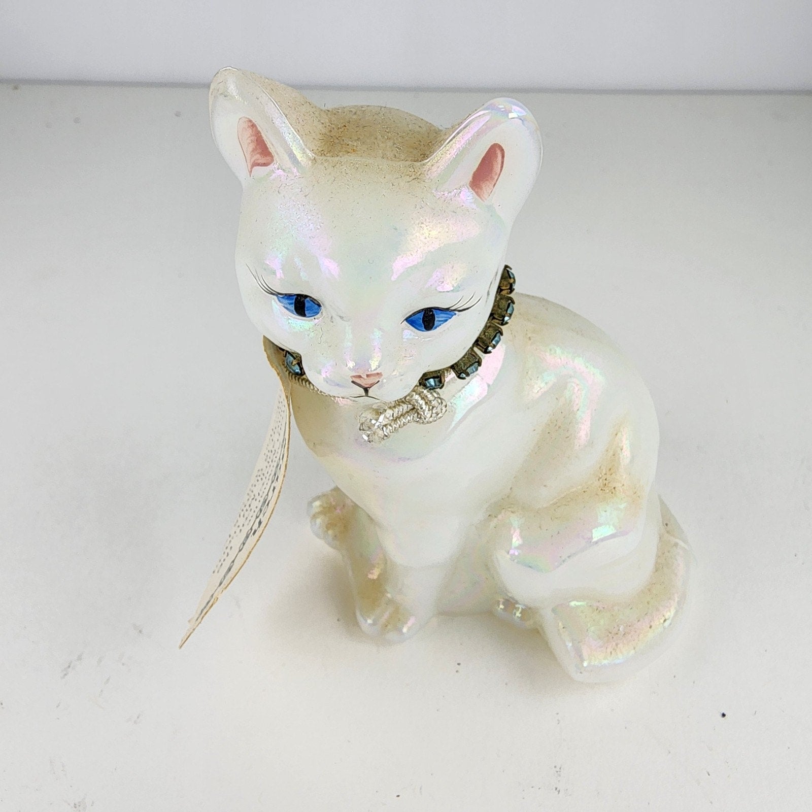 Hand Painted Fenton Glass Cat Signed Floral Decorated Iridescent Signed