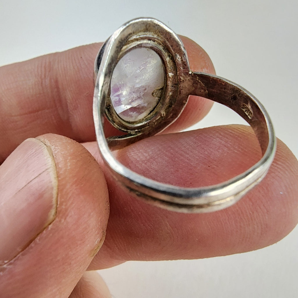 Modernist Rainbow Moonstone Cabochon Ring Size 8 Sterling Silver 925 Vintage