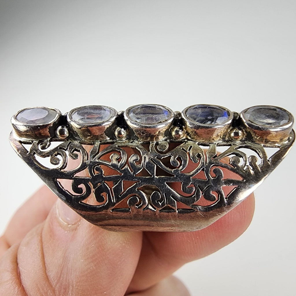 Rainbow Moonstone Filigree Shield Ring Size 7 1/2 Sterling Silver 925 Vintage