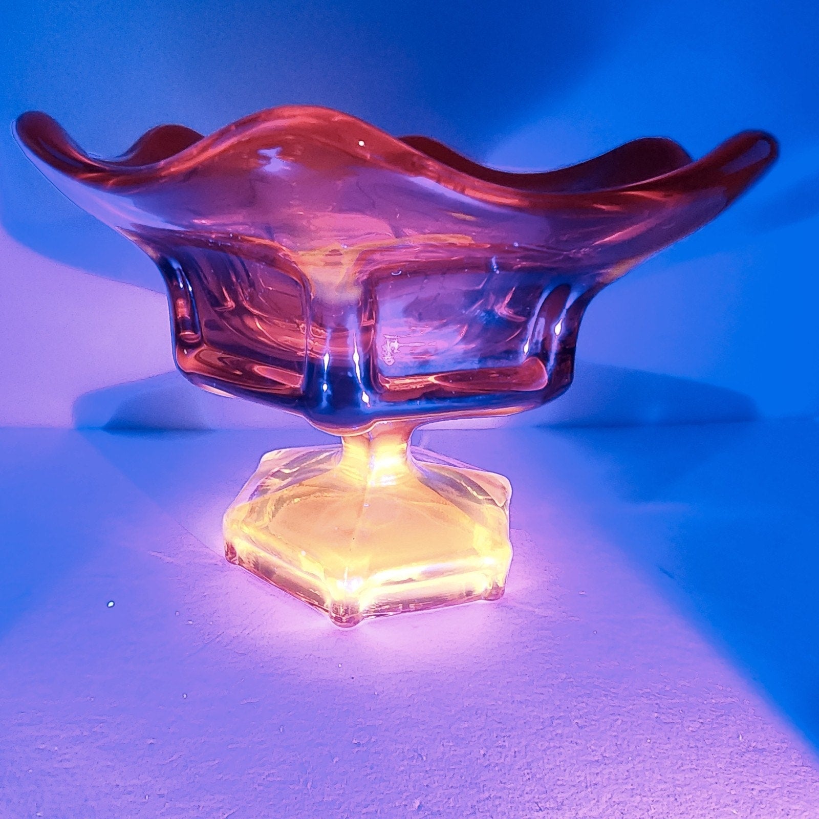 Viking Glass Epic Six Petal Amberina Flame Pedestal Bowl UV Vaseline Glass