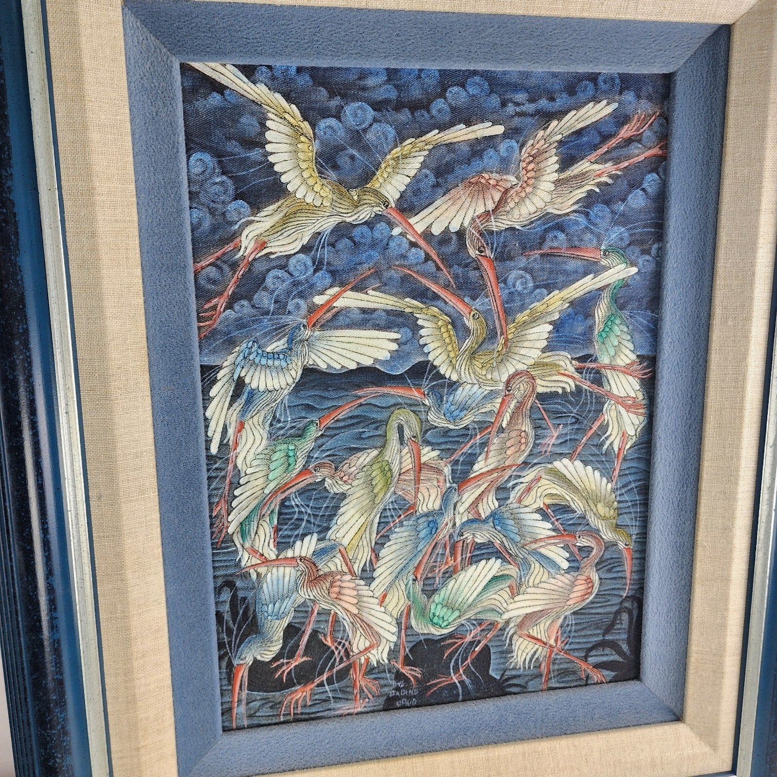 Heron Painting on Fabric by I Wayan Balik Framed Ubud Bali Indonesia