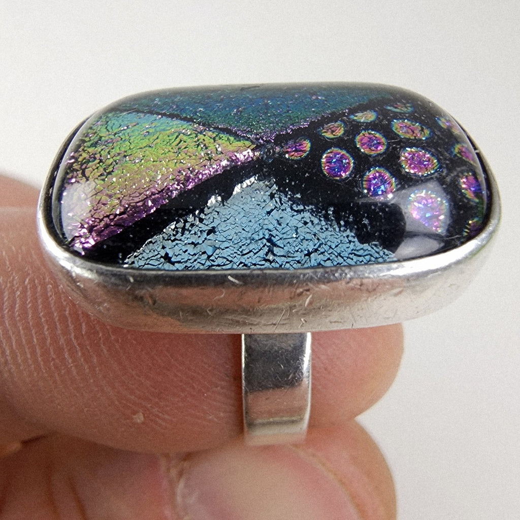 Dichroic Glass Cabochon Mexico Ring Size 7 Sterling Silver 925 Vintage