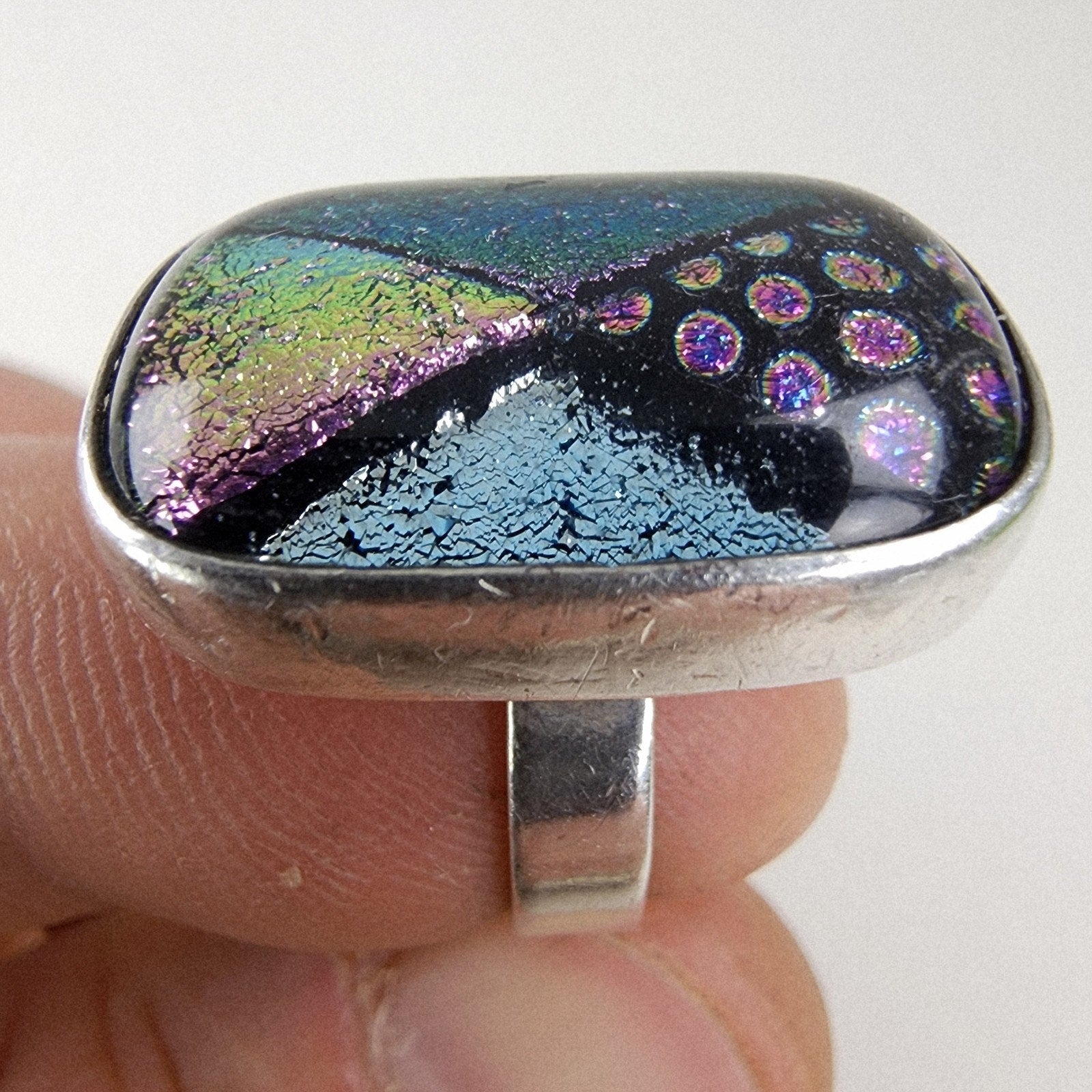 Dichroic Glass Cabochon Mexico Ring Size 7 Sterling Silver 925 Vintage