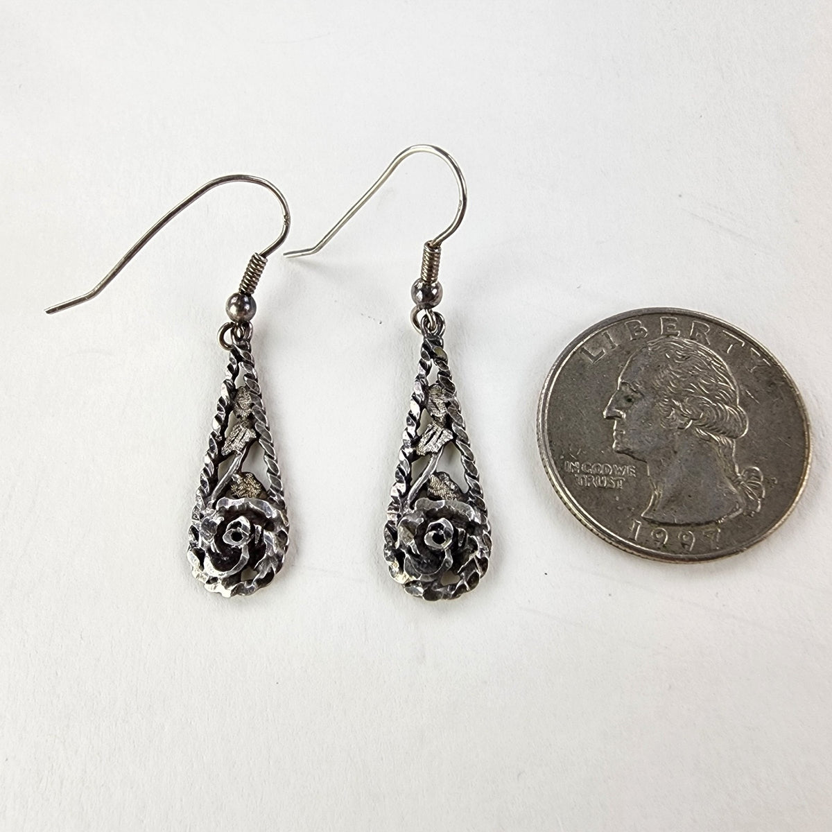 Black Hills Gold Rose & Leaf Teardrop Earrings Sterling Silver 925 Vintage