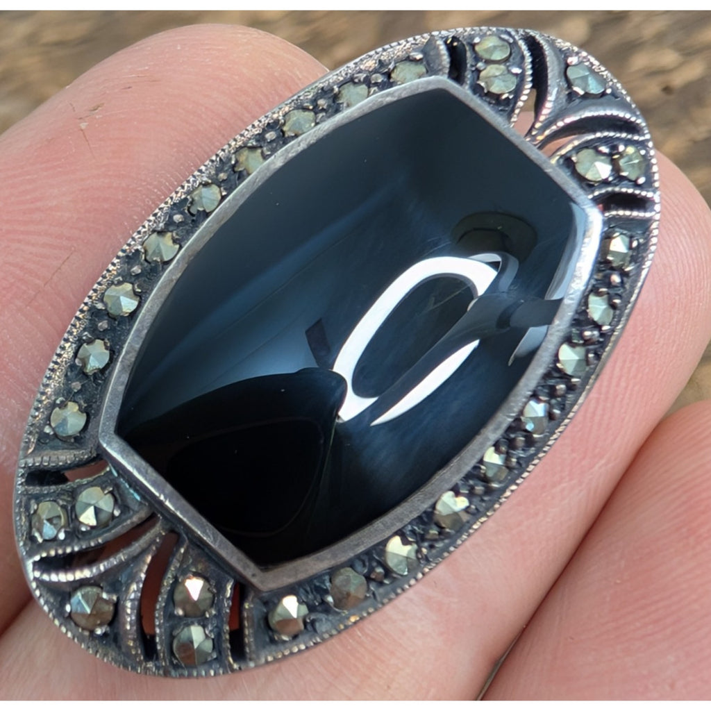 Art Deco Black Onyx Marcasite Sterling Silver 925 Brooch